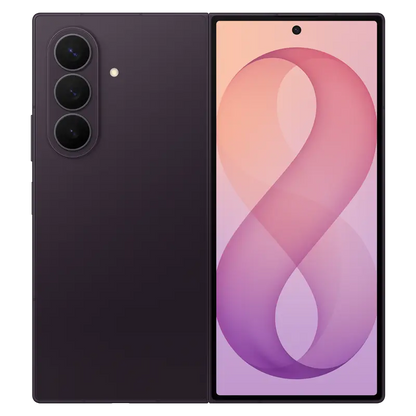 Samsung Galaxy Z Fold8 Ultra in Violet Shadow showing the unfolded display and rear triple camera design.