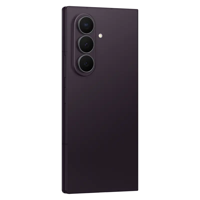 Angled rear view of Samsung Galaxy Z Fold8 Ultra Violet Shadow highlighting the premium foldable design and triple camera system.