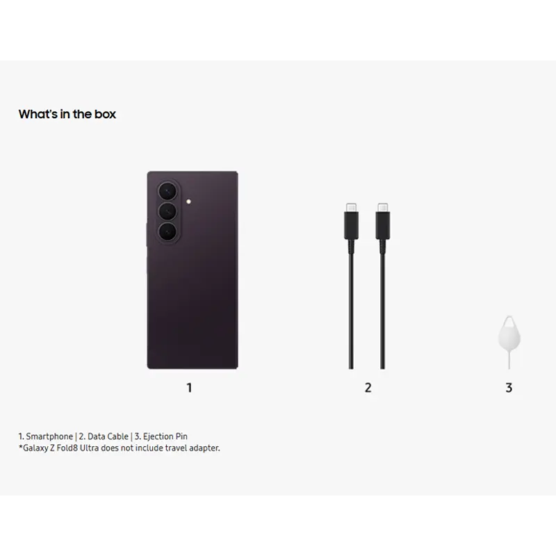 Samsung Galaxy Z Fold8 Ultra Violet Shadow box contents including smartphone, USB Type-C cable and SIM ejector pin