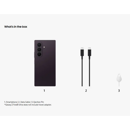 Samsung Galaxy Z Fold8 Ultra Violet Shadow box contents including smartphone, USB Type-C cable and SIM ejector pin