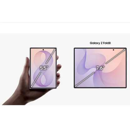 Samsung Galaxy Z Fold8 display size comparison showing the 5.5-inch cover display and 7.6-inch main foldable display.