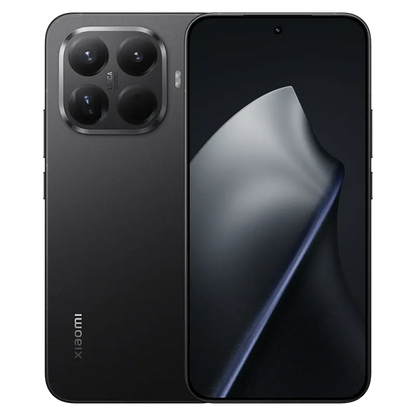 A black Xiaomi smartphone shown from both front and back, with a triple-camera array on the back and a large screen on the front, set against a plain white background.