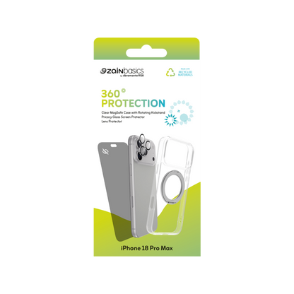 Zain Basics 360° Protection Bundle for iPhone 18 Pro Max – Clear MagSafe Case, Privacy Screen Protector & Camera Lens Protector