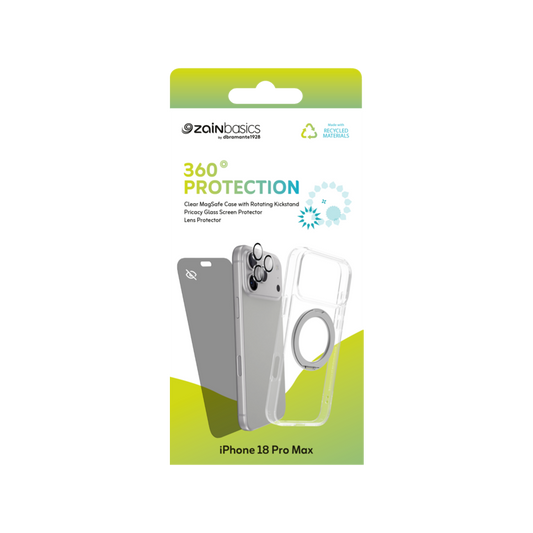Zain Basics 360° Protection Bundle for iPhone 18 Pro Max – Clear MagSafe Case, Privacy Screen Protector & Camera Lens Protector