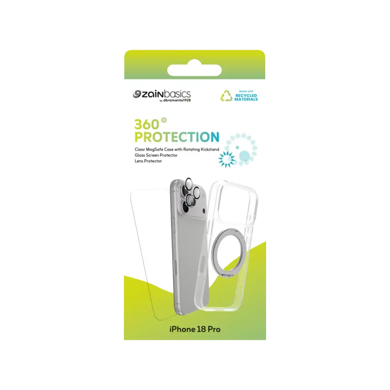 Zain Basics 360° Protection Clear Bundle for iPhone 18 Pro  – MagSafe Case with Rotating Kickstand, 9H Glass Screen Protector & Camera Lens Protector
