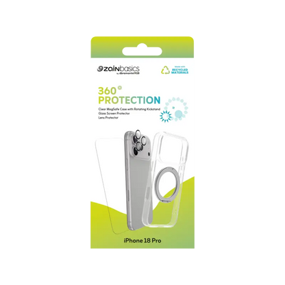 Zain Basics 360° Protection Clear Bundle for iPhone 18 Pro  – MagSafe Case with Rotating Kickstand, 9H Glass Screen Protector & Camera Lens Protector