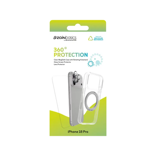 Zain Basics 360° Protection Clear Bundle for iPhone 18 Pro  – MagSafe Case with Rotating Kickstand, 9H Glass Screen Protector & Camera Lens Protector