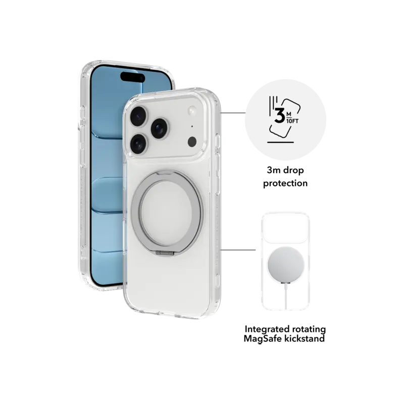 Zain Basics 360° Protection Clear Bundle for iPhone 18 Pro  – MagSafe Case with Rotating Kickstand, 9H Glass Screen Protector & Camera Lens Protector