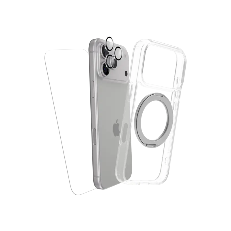 Zain Basics 360° Protection Clear Bundle for iPhone 18 Pro  – MagSafe Case with Rotating Kickstand, 9H Glass Screen Protector & Camera Lens Protector