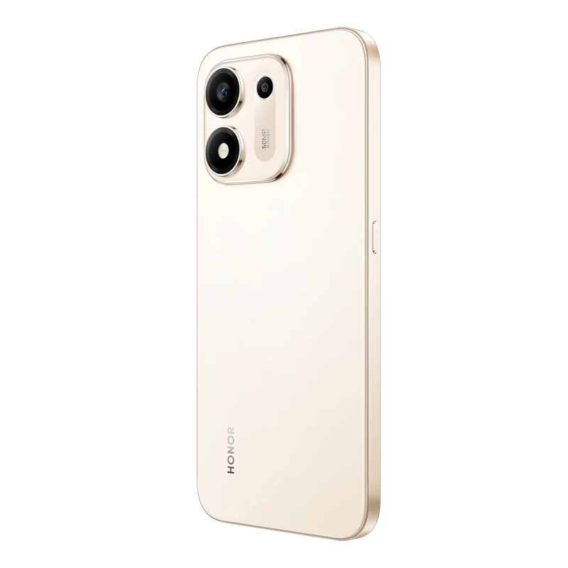 HONOR X7e Plus 5G Desert Gold angled rear view with camera