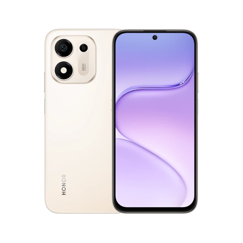 HONOR X7e Plus 5G Desert Gold smartphone front and back view