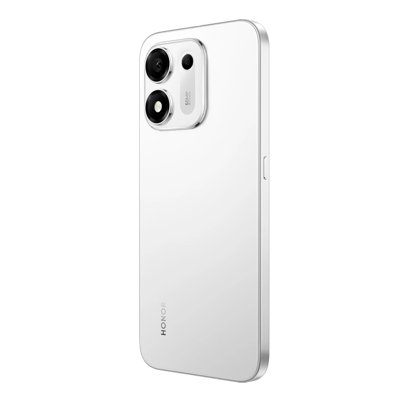 HONOR X7e Plus 5G Meteor Silver angled rear view with camera