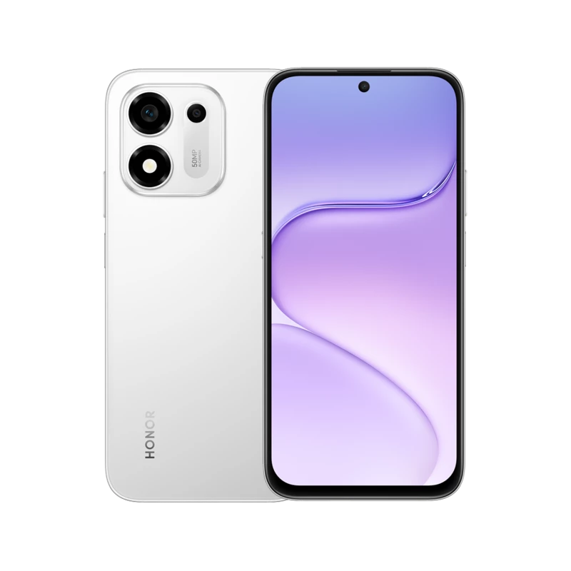 HONOR X7e Plus 5G Meteor Silver smartphone front and back view