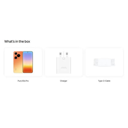 HUAWEI Pura 90s Pro 5G+ box contents including phone, charger, and USB cable