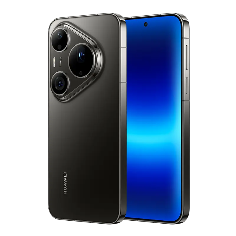 Premium angled front and back view of HUAWEI Pura 90s Pro Max 5G+ in Graphite Black.

