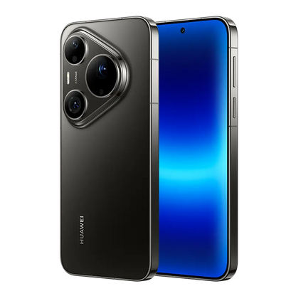 Premium angled front and back view of HUAWEI Pura 90s Pro Max 5G+ in Graphite Black.
