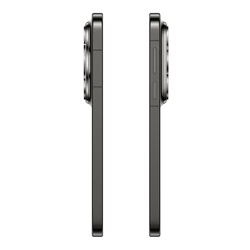 Side profile of HUAWEI Pura 90s Pro Max 5G+ in Graphite Black showing slim metal frame and buttons.
