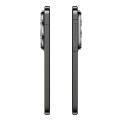 Side profile of HUAWEI Pura 90s Pro Max 5G+ in Graphite Black showing slim metal frame and buttons.
