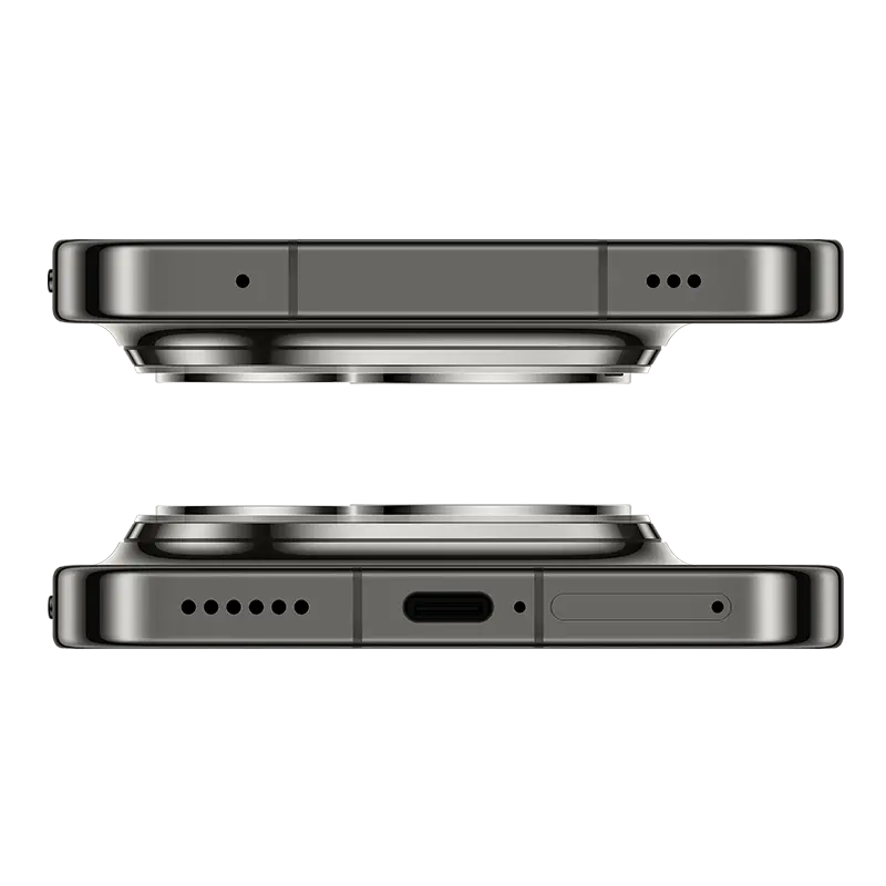 HUAWEI Pura 90s Pro Max 5G+ Graphite Black top and bottom view showing USB Type-C port, speaker grille and SIM tray.
