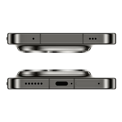 HUAWEI Pura 90s Pro Max 5G+ Graphite Black top and bottom view showing USB Type-C port, speaker grille and SIM tray.
