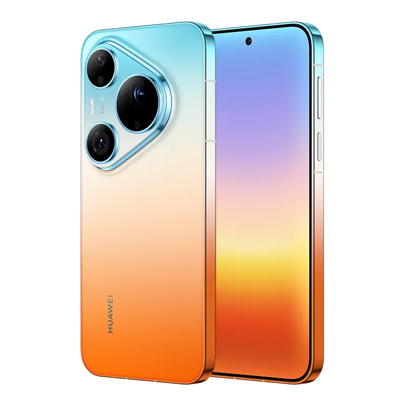 Stylish front and rear perspective of HUAWEI Pura 90s Pro Max 5G+ Orange Ocean edition.
