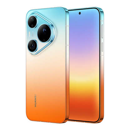 Stylish front and rear perspective of HUAWEI Pura 90s Pro Max 5G+ Orange Ocean edition.
