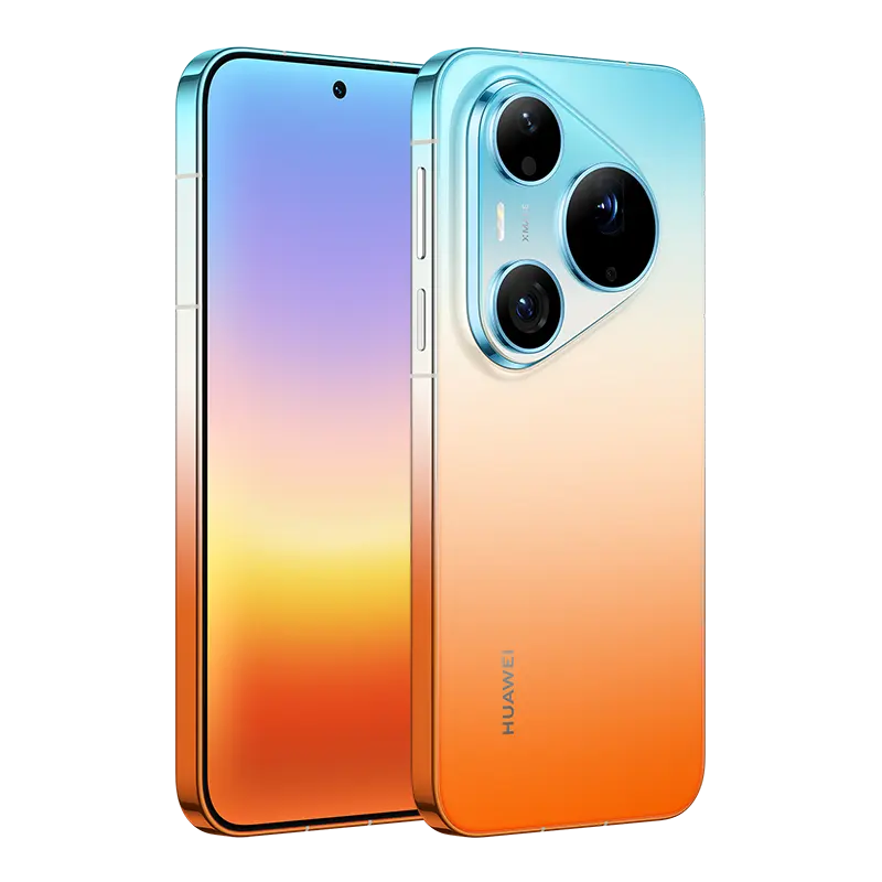 HUAWEI Pura 90s Pro Max 5G+ Orange Ocean front and rear angled view with gradient finish.
