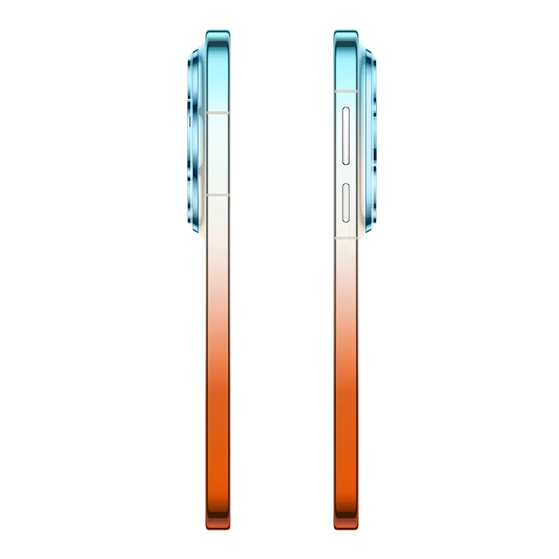 Side profile of HUAWEI Pura 90s Pro Max 5G+ Orange Ocean showing premium flat frame.
