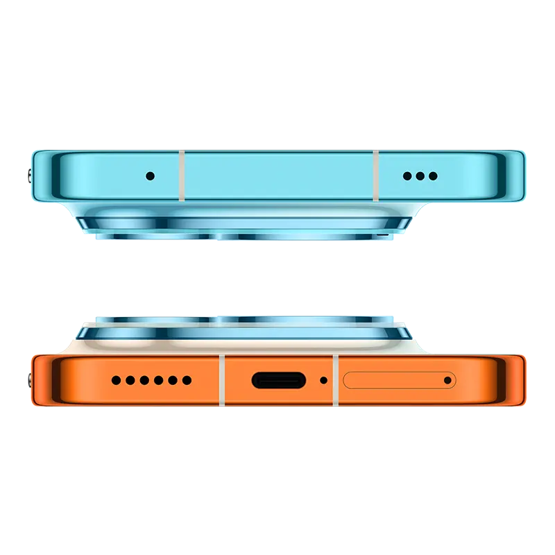 HUAWEI Pura 90s Pro Max 5G+ Orange Ocean top and bottom hardware view with USB Type-C port.
