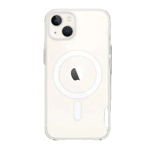 A clear plastic case for an iPhone 13 with a Magsafe feature on the back.