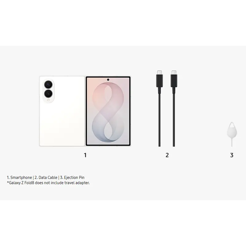 Samsung Galaxy Z Fold8 Cream packaging contents including smartphone, USB-C cable and SIM eject tool.