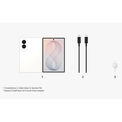 Samsung Galaxy Z Fold8 Cream packaging contents including smartphone, USB-C cable and SIM eject tool.