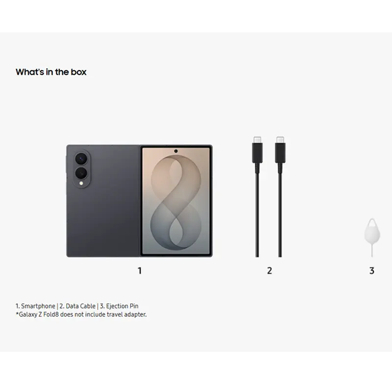 Samsung Galaxy Z Fold8 Graphite with USB-C cable and SIM eject pin included in the box. Charger sold separately.