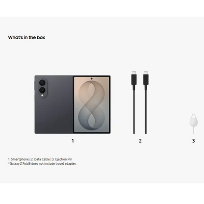 Samsung Galaxy Z Fold8 Graphite with USB-C cable and SIM eject pin included in the box. Charger sold separately.