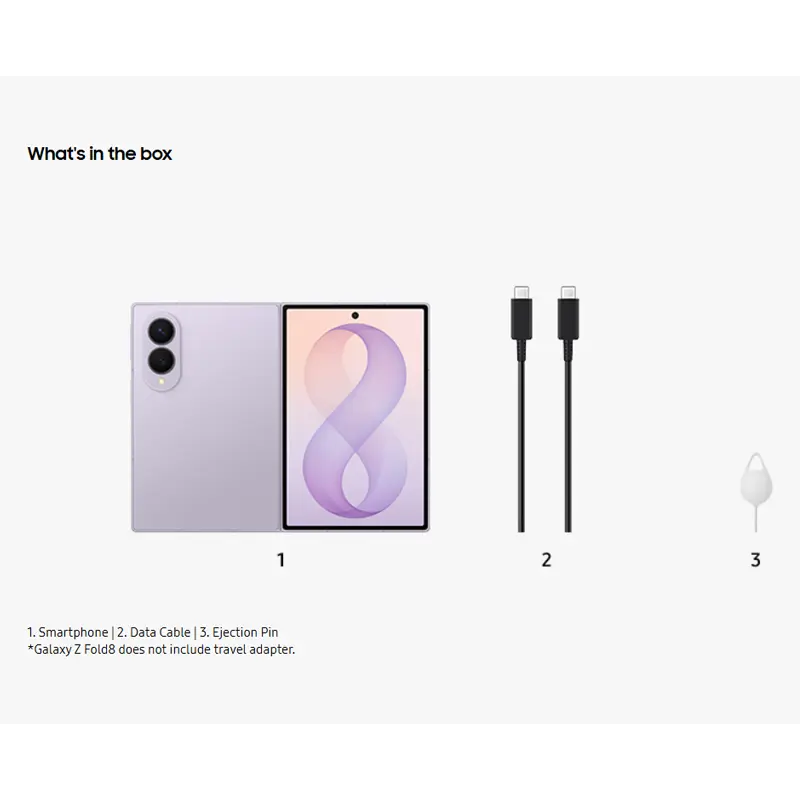 Samsung Galaxy Z Fold8 Lavender with USB-C cable and SIM eject pin included in the retail box.