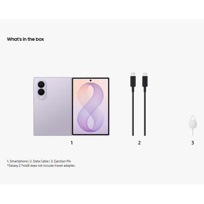 Samsung Galaxy Z Fold8 Lavender with USB-C cable and SIM eject pin included in the retail box.