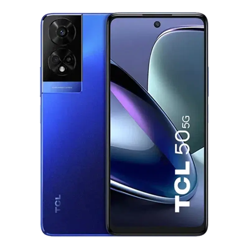 TCL 50 5G Dark Blue smartphone showing front and back design with 4GB RAM, 4GB virtual RAM and 128GB storage