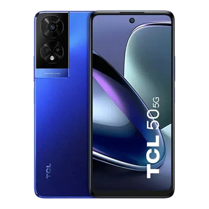 TCL 50 5G Dark Blue smartphone showing front and back design with 4GB RAM, 4GB virtual RAM and 128GB storage