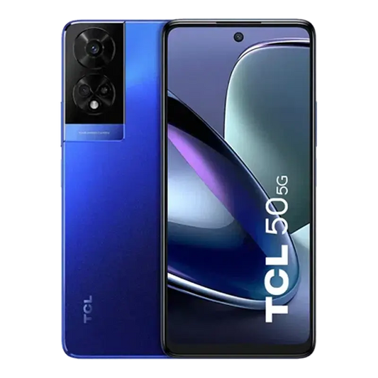 TCL 50 5G Dark Blue smartphone showing front and back design with 4GB RAM, 4GB virtual RAM and 128GB storage