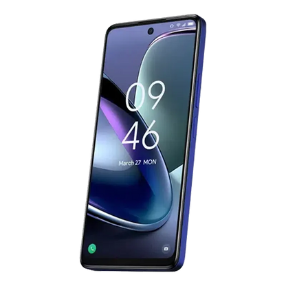 TCL 50 5G Dark Blue smartphone angled front view showing the display and slim profile