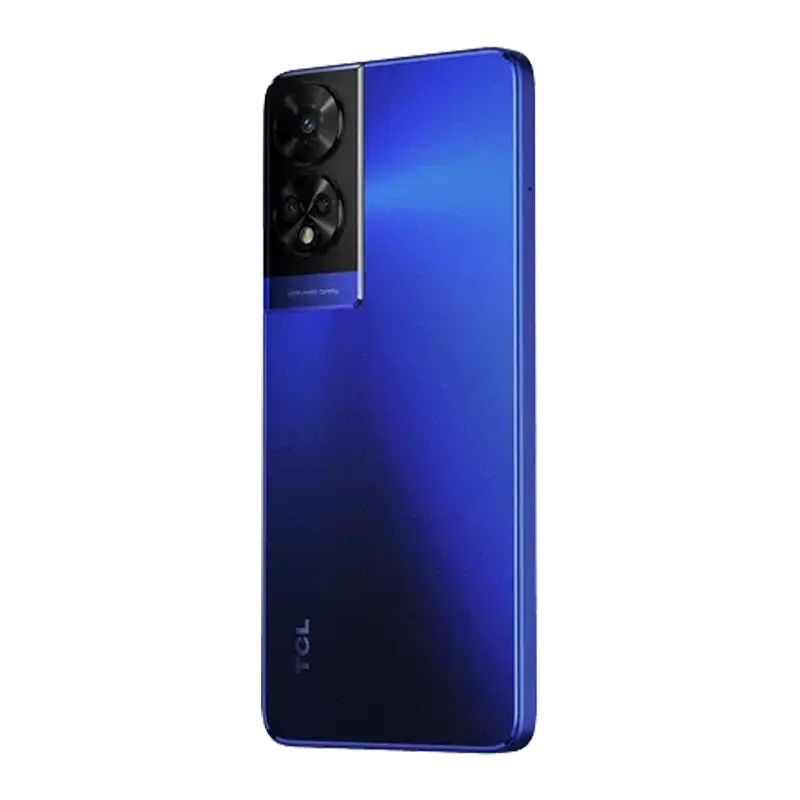 TCL 50 5G Dark Blue rear angled view showing the camera module and textured back design