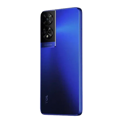 TCL 50 5G Dark Blue rear angled view showing the camera module and textured back design